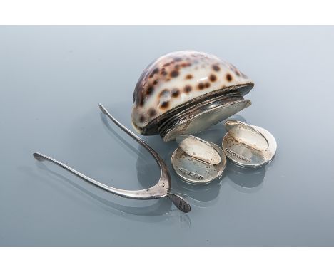 19TH CENTURY SILVER MOUNTED COWRY SHELL SNUFF BOX
unmarked, silver mount with single hindged lid and engraved borders; togeth