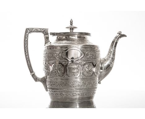 LATE 19TH CENTURY ANGLO-INDIAN STYLE SILVER PLATED THREE PIECE TEA SERVICE
made by Kleinwort & Peerless of London, founded ci