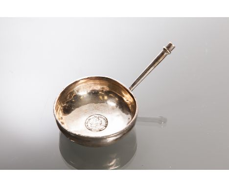 LATE 17TH/EARLY 18TH CENTURY SILVER PUNCH LADLE
possibly later, bowl set with a Charles II silver fourpence dated 1679, base 