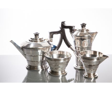 ART DECO STYLE SILVER FOUR PIECE TEA SERVICE
maker A L Davenport Ltd, Birmingham 1945, hot water pot 1948, of round tiered ta