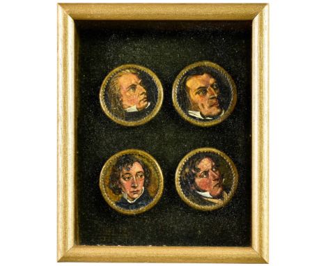  Box Frame Containing Four Circular Miniature Portraits Painted by Peter Cushing, Circa 1940s, each portrait approximately 1.