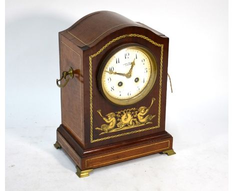 James Weir, Glasgow, a French ivorine inlaid walnut mantel clock with 8-day twin train movement striking on a coiled gong, 30