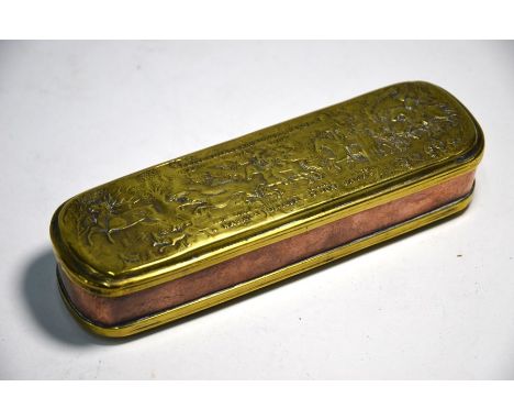 An 18th century Dutch brass and copper snuff box, the top and base embossed with hunting scene and elegant figures in a garde