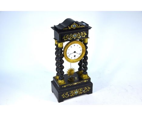 A Victorian ebonised and gilt mounted portico mantel clock, the 8-day movement with white enamelled dial and sunburst pendulu