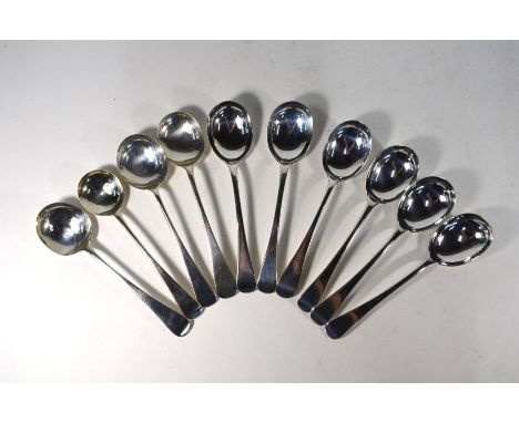 Ten George III silver OEP soup spoons - various makers and dates, 17.5 oz total (546g)Good condition, light wear, some minor 