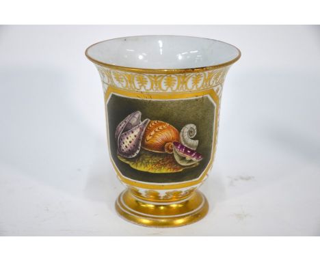 An early 19th century porcelain vase of campana form (possibly Worcester), with reserves painted with shells and feathers in 