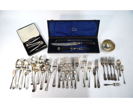 A cased three piece carving set with silver-mounted antler handles, Sheffield 1901 to/w various electroplated flatware, sugar