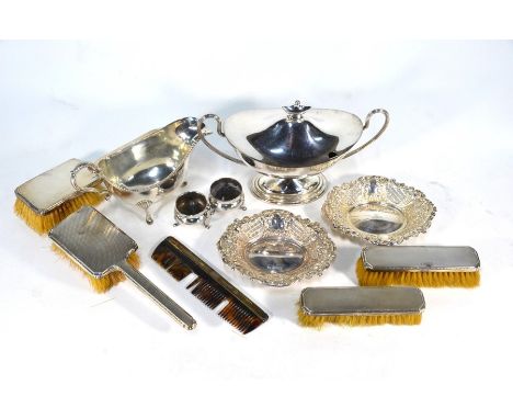 A pair of pierced silver bonbon dishes, Birmingham 1990/92, 4.9 oz (152g), a pair of US sterling open salts, two pairs of sil