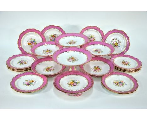 A Victorian china (possibly Minton) dessert service, printed and painted with floral sprays within a pink ground with gilding