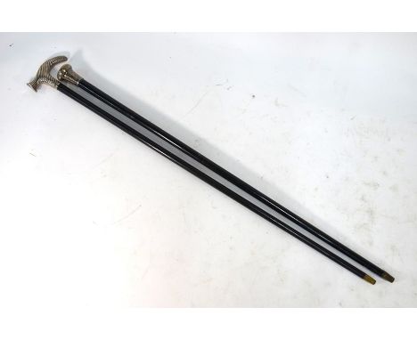 A late Victorian ebonised walking stick with spiral-reeded silver handle, John Grinsell &amp; Sons, Birmingham 1892, to/w an 