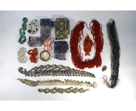 A collection of vintage and earlier jewellery and other items including Victorian stick coral, embroidered edgings, sections 