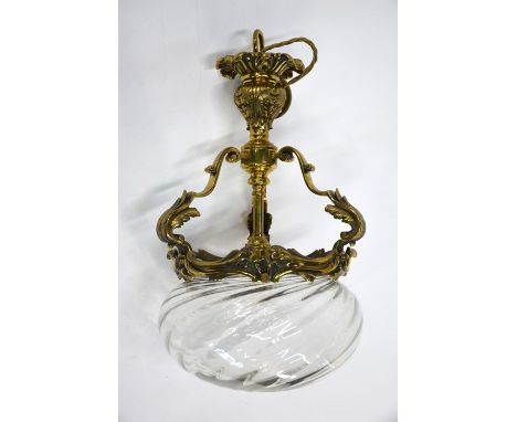 An ornate gilt brass hanging light fitting with glass shade, approx. 42 cm h