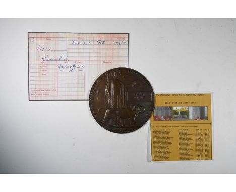 A WWI death plaque to 27863 Pte. Samuel Job Hill, Somerset Light Infantry (10/10/1917) to/with associated reserach