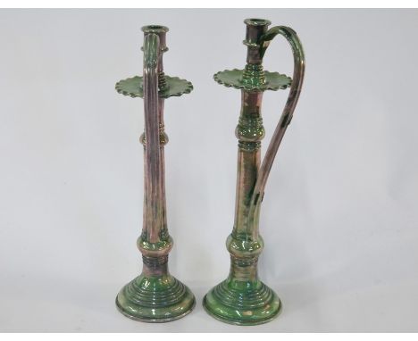 A pair of Wileman &amp; Co of Foley 'Faience' art pottery large candlesticks with scroll handles and 'Spano-Lustra Iridescent
