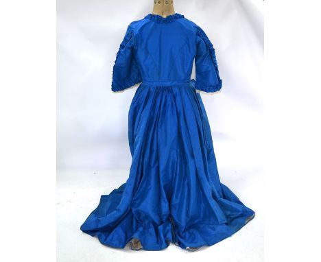 A Victorian royal blue glace silk dress with silk lining and lace trims, circa 1850 c/w sash, further bodices, underskirts et