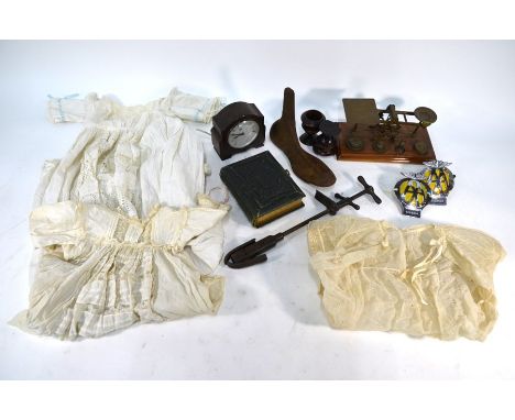 Three Christening robes to/w mixed collectables including shoe last and stretcher, two treen cups, two AA badges, Bakelite cl