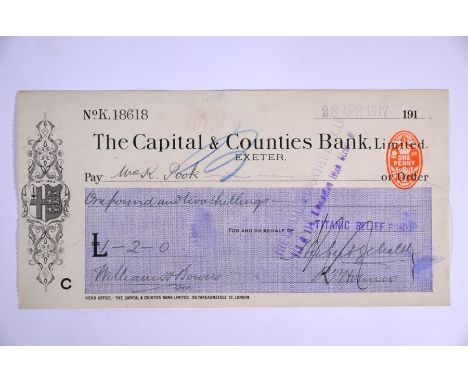 A Titanic Relief Fund cheque drawn on The Capital &amp; Counties Bank Ltd to Mrs K Pook for £1 two shillings, for R pook, Ass