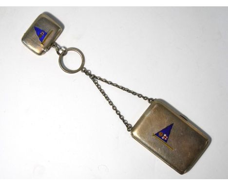 Royal London Yacht Club: a lady's silver cigarette case with retention ring and chain, enamelled with the club burgee, Stokes