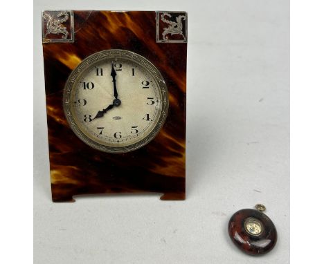 A TORTOISESHELL SWISS MADE MANTLE CLOCK, along with a small tortoiseshell compass (2)Clock with restorations.