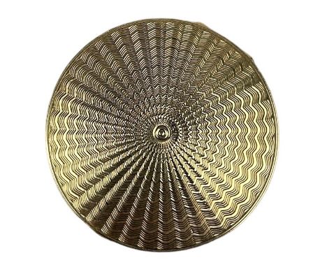PROPERTY OF A TITLED LADY: A 9CT GOLD COMPACT, with engine turned spiral wave patternWeight: 29.2gms38mm in diameter