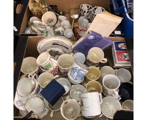 CARTON OF ROYAL COMMEMORATIVE WARES, MAINLY MUGS AND BONE CHINA TEA CUPS AND ONE OTHER CONTAINING VARIOUS CERAMICS 