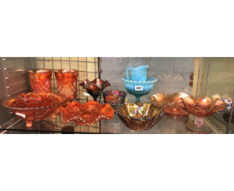 SHELF OF CARNIVAL AND LUSTRE GLASS CRIMPED DISHES AND A BLUE PRESSED PEDESTAL GLASS SUCRIER AND CREAMER 