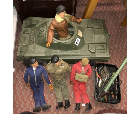 FOUR VINTAGE ACTION MAN FIGURES, ACTION MAN ARMORED VECHILE AND A SMALL SELECTION OF ACTION MAN CLOTHING, ACCESSORIES AND WEA
