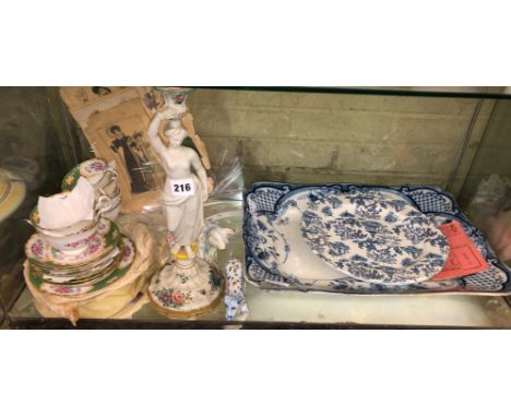 VICTORIAN BLUE AND WHITE TRANSFER PRINTED PLATTER, VICTORIAN GRAFTON TEASET, POTTERY CANDLESTICK, DELFT COW
