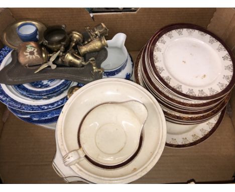 CARTON OF BLUE AND WHITE WARE, ALFRED MEAKIN TUREENS WITH COVERS AND DINNER PLATES AND A CARTON CONTAINING TORQUAY WARE MOTTO