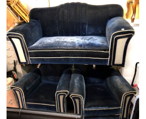 ART DECO BLUE VELOUR THREE PIECE SUITE 83CM H X 190CM W X 91CM D &amp; 83CM H X 99CM W X 91CM D