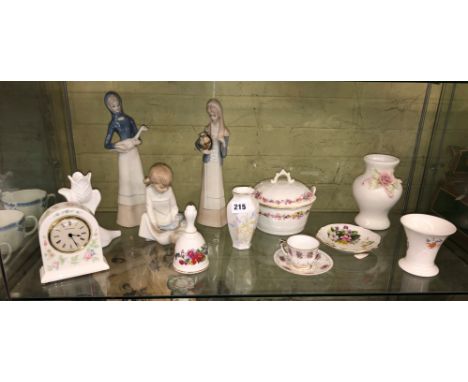 WEDGWOOD BONE CHINA QUARTZ TIME PIECE, NAO FIGURE, ROYAL WORCESTER SPODE VASE, ETC