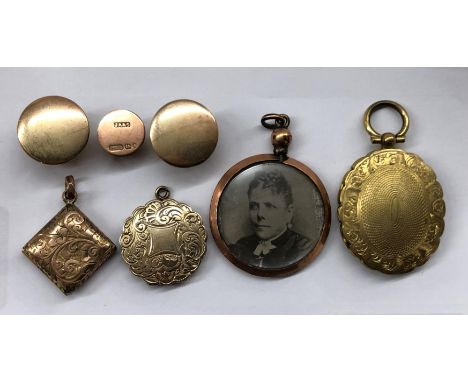 CIRCULAR ENAMEL HAIR LOCKET, PINCH BECK LOZENGE SHAPED LOCKET, ROLLED GOLD DISK PORTRAIT HOLDER AND A PAIR OF CUFFLINKS 