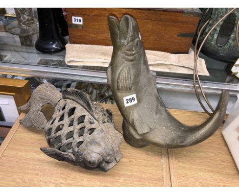 HEAVY CAST LEAPING FISH (POSSIBLE FOUNTAIN CENTRE PIECE) AND A HANGING METAL SHUBUNKIN TEA LIGHT HOLDER