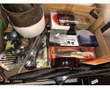 BOX OF MISCELLANEOUS CUTLERY, CLOCK, TRIVET STANDS, ETC