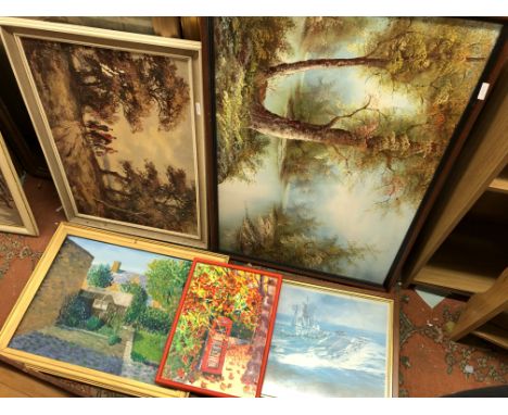OIL ON CANVAS OF A COUNTRY LANDSCAPE, TWO OTHER OIL PAINTINGS AND AN EQUESTRIAN PRINT