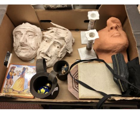 CARTON - POTTERY FACE MASKS, SOUVENIR CANDLESTICKS, CERAMIC TILE, ETC