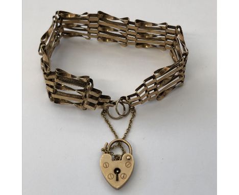 9CT GOLD FIVE GATE BRACELET WITH HEART PADLOCK AND SAFETY CHAIN 10.3G APPROX