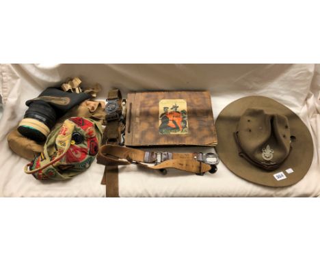 TWO VINTAGE BOY SCOUTS BELT, BADEN POWELL TYPE SCOUT HAT , NIGHT CAP WITH INSIGNIA BADGES, PICTURE POSTCARD ALBUM AND A BAGGE