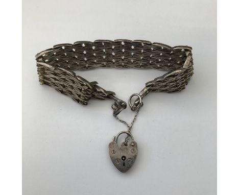 SILVER FOUR GATE BRACELET WITH HEART PADLOCK AND SAFETY CHAIN 1.1OZ APPROX