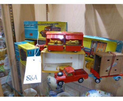 Collection of vintage boxed Chipperfields's circus vehicles play worn, to include 1121 a circus crane truck & 1123 a circus a