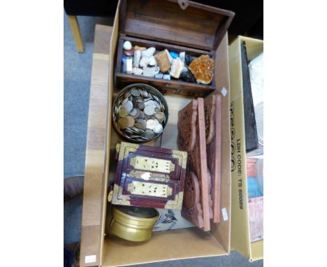 A rummage box to include a Negretti & Zambra barometer; pair of book slides; Oriental jewellery cabinet; large quantity of va