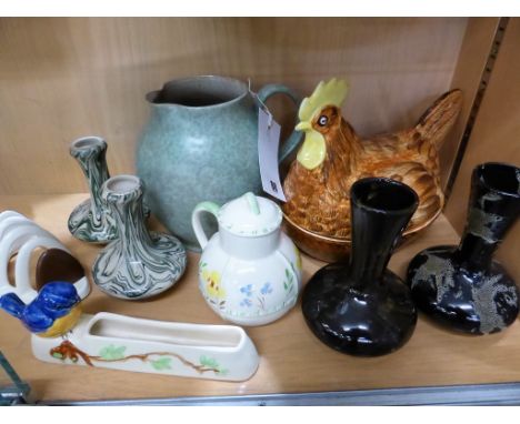 A Price Bros of Kensington hen on nest tureen together with Poole Pottery toast rack and jug; two Guernsey bud vases; pottery