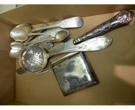 A small qty. of early 20th century silver spoons + cigarette case, silver handled bread knife, EPNS sifter ladle etc.,
