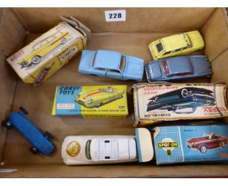A collection of vintage toy cars, play worn, to include a boxed Corgi Lotus Mark Eleven & boxed Norev Chrysler (9)