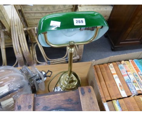 A 19th century style brass library lamp with green glass shade