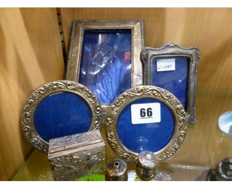 Four silver photo frames together with a miniature silver salt & pepper & a white metal trinket box (7)