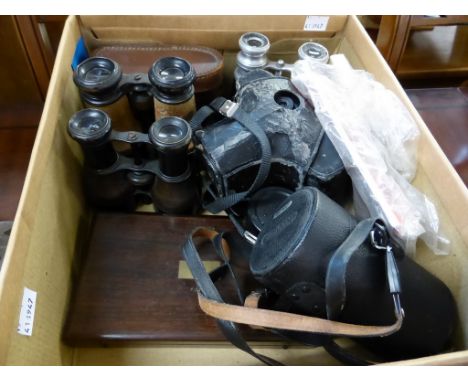 An assortment of binoculars together with a Konica 35mm SLR camera, 35-70 lense and antique drawing intruments (7)