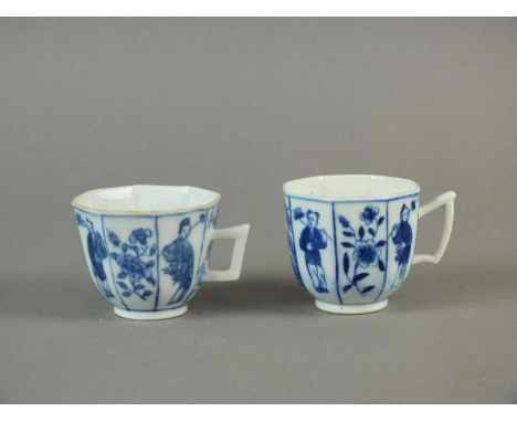 A Caughley coffee cup circa 1785-90 of octagonal form with angular handle, painted with the very rare 'Kangxi Figures' patter