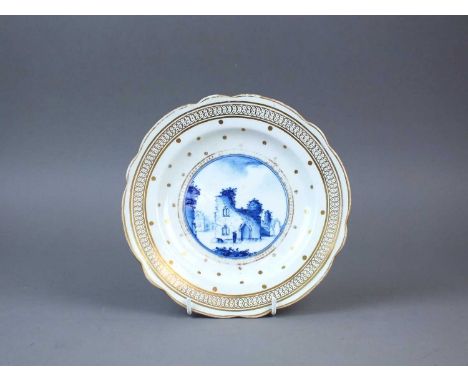 A rare Caughley dessert plate circa 1788-93 painted in a light, bright underglaze blue with 'Bright Landscapes 3', combined w