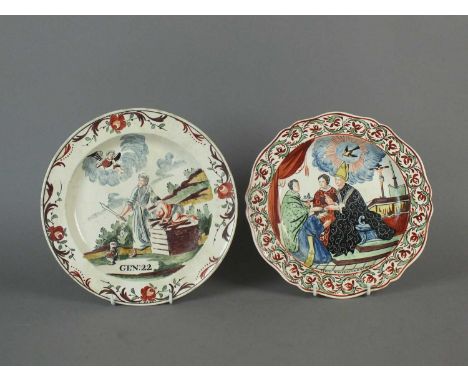 A Dutch-decorated Herculaneum creamware plate circa 1800 painted with the ordaining of a priest, titled 'Het Priesterchap' (i